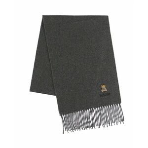Moschino Bear Logo Fringe Long Unisex Wool Scarf dark grey